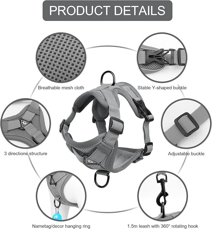 Vest Harness Leash Set for Small Dog Large Cat, Upgraded Escape Proof Adjustable Jacket with Lead for Puppy Fat Cat Outdoor Walking, Soft Breathable Mesh Coat with Reflective Strip XL Dark Grey