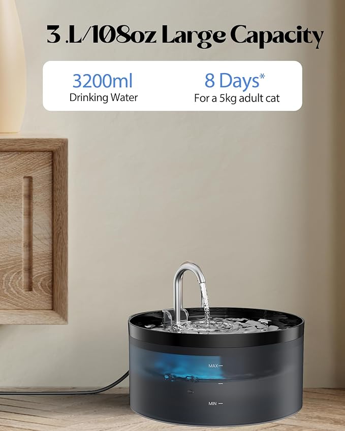 Cat Water Fountain for Cats Indoor: 108oz/3.2L GIOTOHUN Cat Fountain - Silent Pet Water Fountain for Drinking - Black Cat Drinking Founttain - Faucet Pet Fountain Contains 6 Filters + 3 Sponges