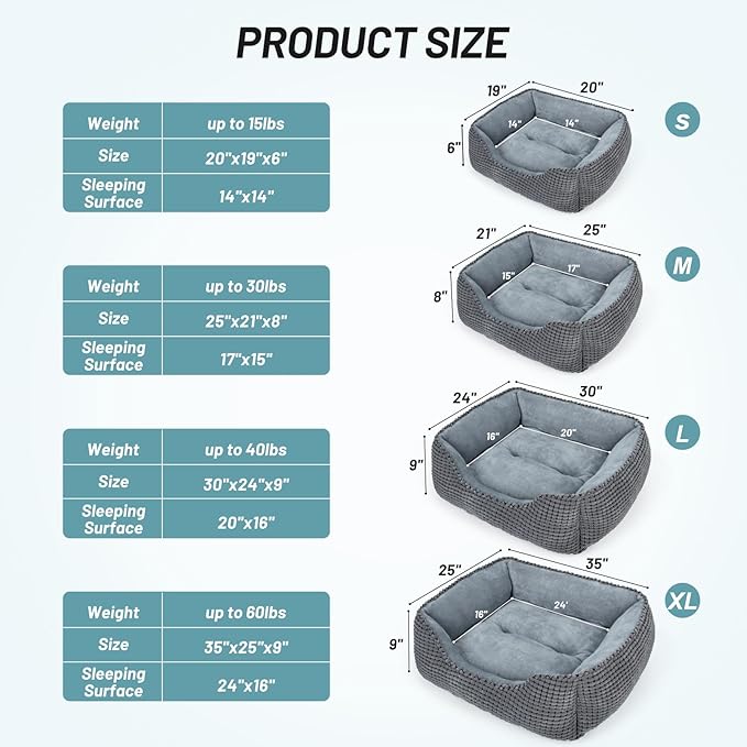 MIXJOY Dog Bed for Large Medium Small Dogs, Rectangle Washable Sleeping Puppy Bed, Orthopedic Pet Sofa Bed, Soft Calming Cat Beds for Indoor Cats, Anti-Slip Bottom with Multiple Size (30'', Grey)