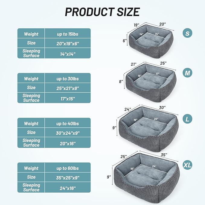 MIXJOY Dog Bed for Large Medium Small Dogs, Rectangle Washable Sleeping Puppy Bed, Orthopedic Pet Sofa Bed, Soft Calming Cat Beds for Indoor Cats, Anti-Slip Bottom with Multiple Size (35'', Grey)