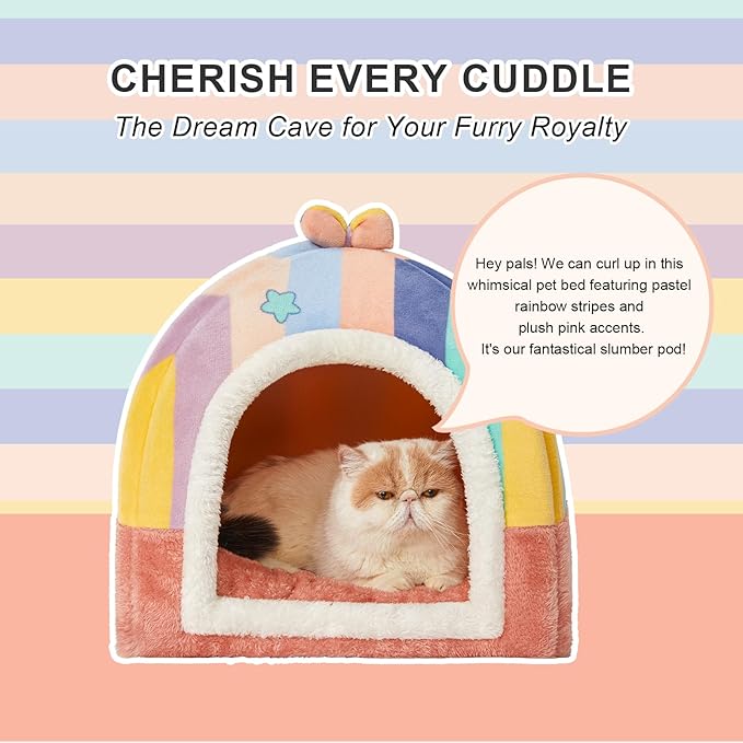 Jiupety Cute Cat House for Cats and Puppy, Cat Beds for Indoor, Cat Cave Bed with Removable Cushion, Cat Hideaway, 2-in-1 Pink Cat Bed, Medium, Rainbow.
