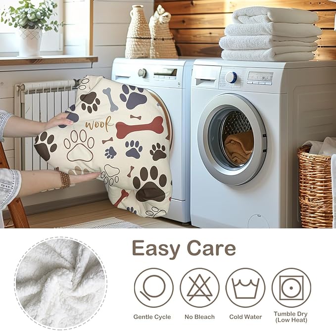 Sleepwish Dog Paws and Bones Print Fleece Throw Blanket for Kids Soft Plush Light Yellow Sherpa Blanket for Couch Chair Bed, Queen (90" X 90")