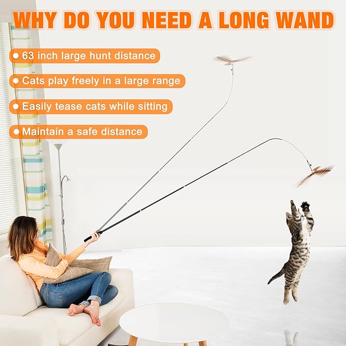 JXFUKAL 2025 Latest Cat Toys, 2 in 1 Spring Cat Wand Toy with 2PCS Ultra-Long Cat Teaser, 4PCS Spring Steel Wire & 5PCS Feather Refills for Kitty Kitten Indoor Cats Cat Accessories