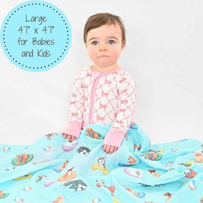 LollyBanks Muslin Baby Blanket 100% Cotton, Muslin Quilt Lightweight, 6 Layers Baby Blankets 47"x 47", Toddler Blanket for Boy and Girl, Nursery Receiving Blankets(Swimming Dogs Print)