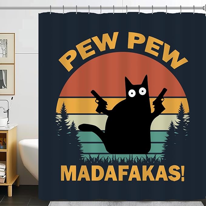 Funny Cat Shower Curtains, Pew Pew Madafakas Shower Curtain, Crazy Cat with Guns 72 x 72 Inch Waterproof Shower Curtains with Metal Hooks for Bathroom Decor