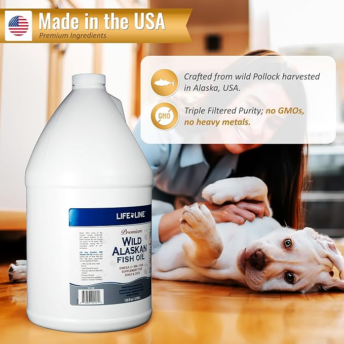 Life Line Pet Nutrition Wild Alaskan Fish Oil Omega-3 Supplement for Skin & Coat – Supports Brain, Eye & Heart Health in Dogs & Cats, 128oz