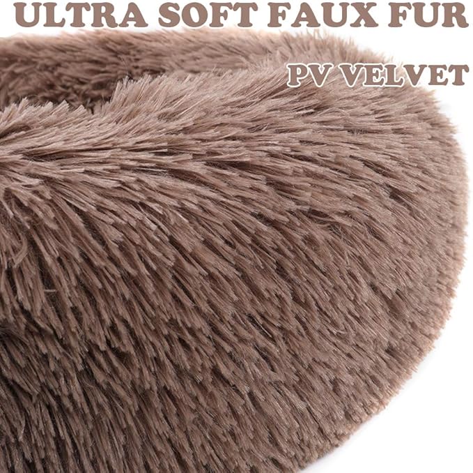 otoez Round Donut Dog Bed for Small Dogs, Washable Calming Dog Bed Cuddler Anti Anxiety Fluffy Dog Cat Bed with Non-Slip Waterproof Bottom (23.6", Khaki)