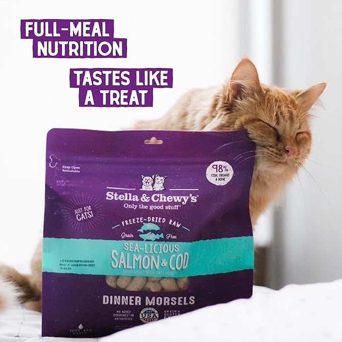Stella & Chewy's Freeze-Dried Raw Cat Dinner Morsels – Grain Free, Protein Rich Cat & Kitten Food – Sealicious Salmon & Cod Recipe – 18 oz Bag