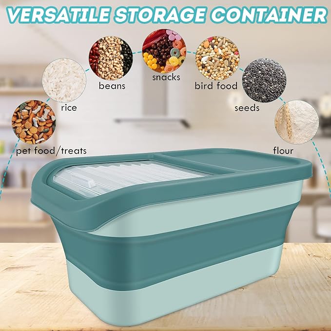 Pet Food Storage Containers, Collapsible Dog Food Container with Sliding Lid,13lb Cat Food Storage with Measuring Cup & Scoop, Plastic Dog Food Bin(green)