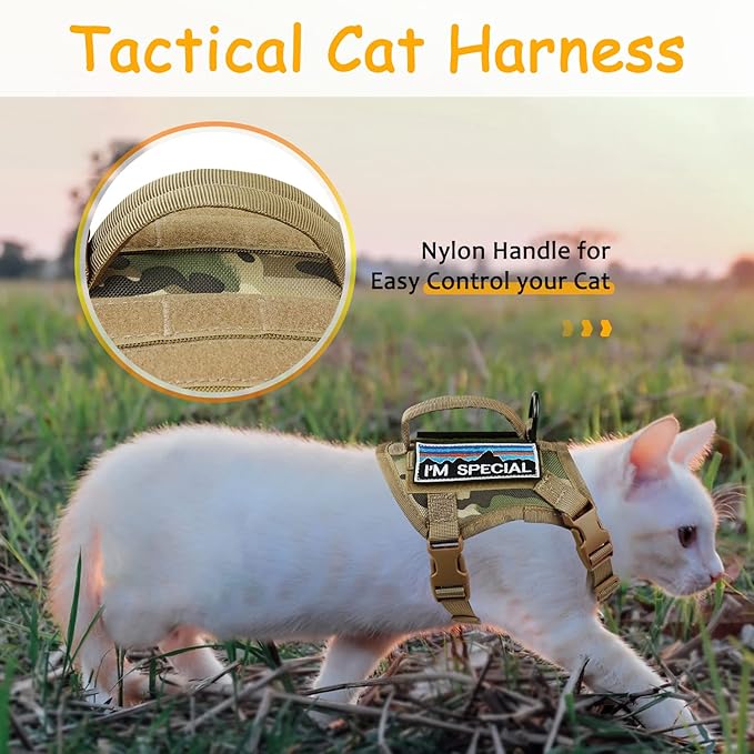 Tactical Cat Harness for Walking, Adjustable Escape Proof Pet Vest for Large Cat,Easy Control Breathable Cat Vest with Handle,Molle Patches (Camo Khaki, L)