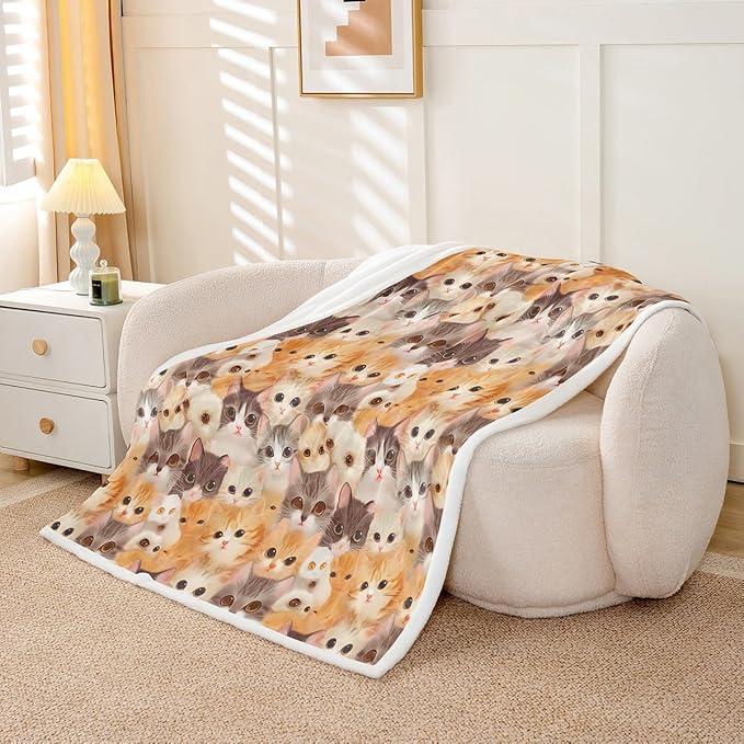 Cat Throw Blanket Kids Girls Cute Kitten Cats Print Warm Fuzzy Blanket for Bed Sofa Kawaii Lovely 3D Animal Fleece Sherpa Blanket Soft Animal Cat Collection Flannel Blanket Room Decor King 87"x95"