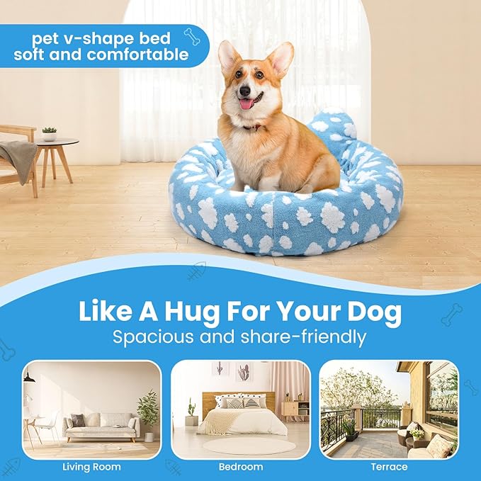 Cat Bed & Dog Bed, Removable Cozy Soft Cat Bed Washable Round Cute Dog Bed with Jacquard for Small Medium Cats and Dogs, Blue Sky L