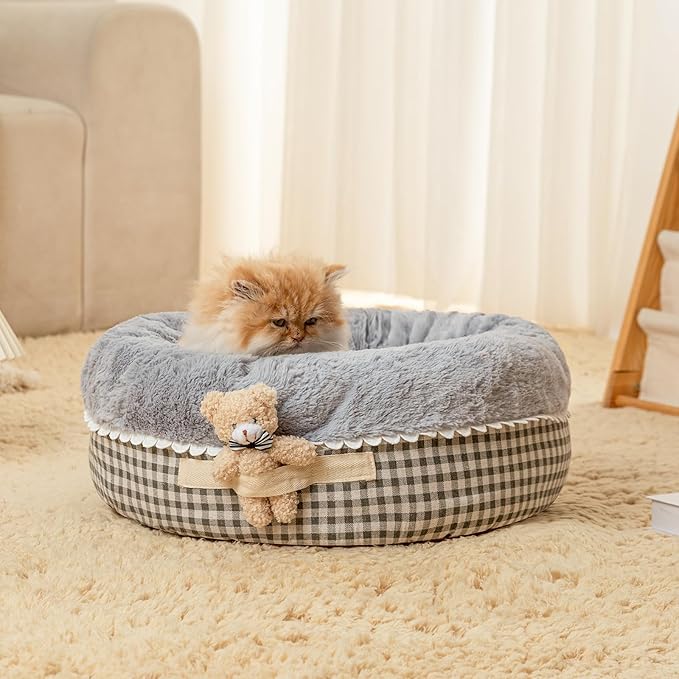 Jiupety Teddy Donut Bed for Indoor Cats, Washable & Warm Small Dog Bed, Cute Fluffy Round Kitten Bed, Suitable for Cat and Puppy, Anti-Slip Calming Princess Kitty Bed, Gray, 20"×20", Fit 12lbs