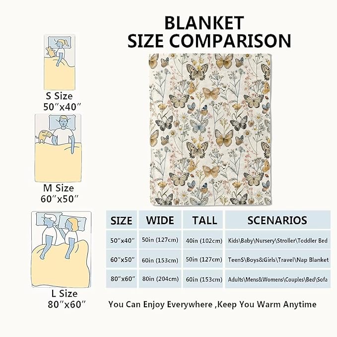 Vintage Butterfly Floral Blanket Elegant Retro Wildflowers Throw Blankets Gifts for Girls Women Adults Lightweight Soft Fleece Cozy for Sofa Couch Bed Room Travel Birthday Party Decor 50x60in