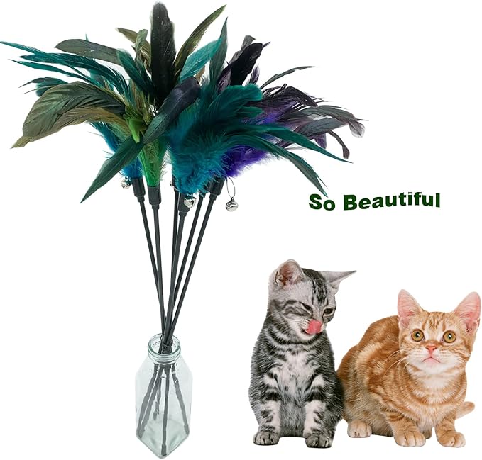 Cat Wand Toy Feather Stick Cat Toys, 8 PCS Cat Feather Wand Toys, Interactive Cat Toy Feather Wand for Indoor Cats