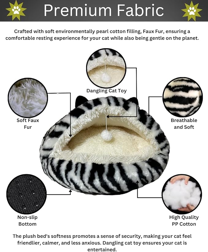 Hooded Plush Cat Bed Cave, Comfy for Indoor Cats, Calming Soft Faux Fur, Anti-Anxiety Plush Hooded Cat Cave with Fluffy Hanging Ball, Washable Anti-Slip, Playful Cat Bed(Black/White, S)