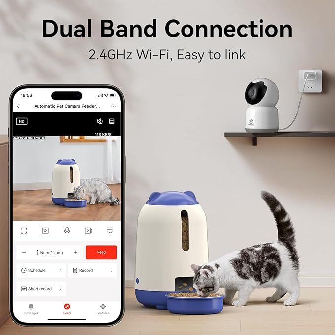 Smart Automatic Cat feeders(2.4G WiFi) and External Camera(2.4/5G WiFi), WiFi Pet Feeder with APP, 1080P HD Video with Enhanced IR Night Vision,Blue-Tooth Link Assist Function&Cloud Storage