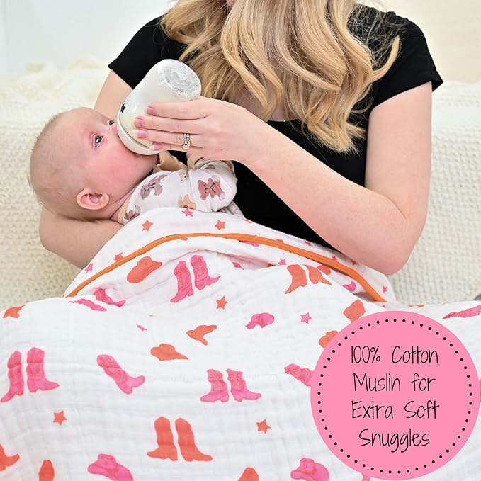 LollyBanks Muslin Baby Blanket 100% Cotton, Muslin Quilt Lightweight, Western Girl Muslin Blanket, 6 Layers Baby Blankets 47"x 47", Soft Nursery Receiving Blankets Baby Essentials (Pink Boot)