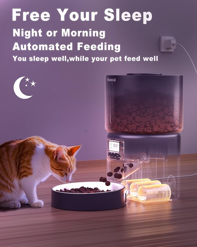 Automatic Cat Feeder Flexible Schedule Timer,6 Meals/Day,1-12 Portions/Meal,Dual Power Auto Feeder Dry Food Dispenser,10S Voice Record,for Cats & Small Dogs (Black,3.6L Stainless Steel Bowl)