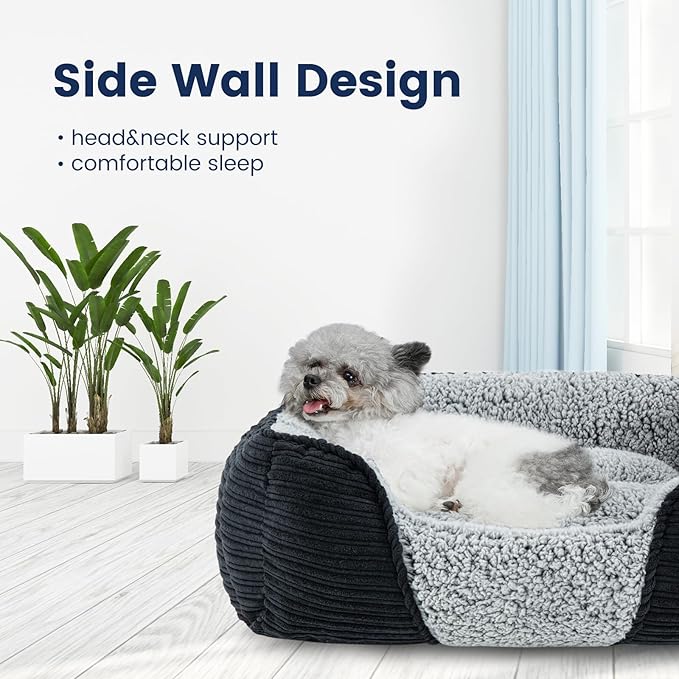 Miguel Washable Dog Bed with Removable Cushion for Small Dogs, Easy to Wash Pet Sofa Bed with Side, Rectangle Bolster Cat Bed Calming Cuddle Puppy Bed with Anti-Slip Bottom, Black 18 Inch