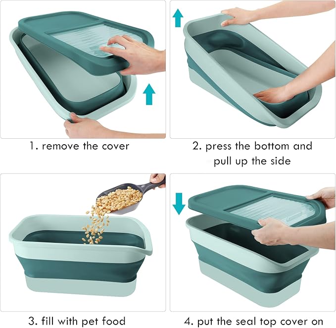 Pet Food Storage Containers, Collapsible Dog Food Container with Sliding Lid,13lb Cat Food Storage with Measuring Cup & Scoop, Plastic Dog Food Bin(green)