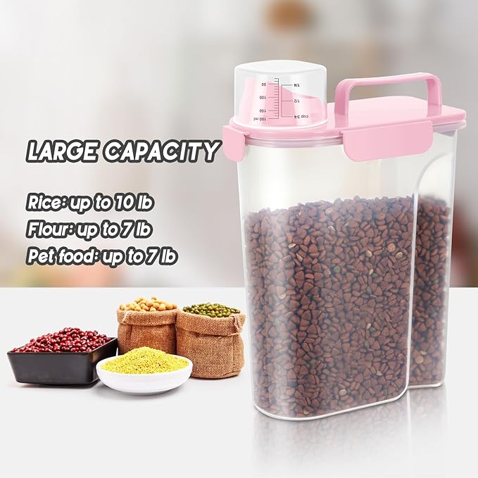 10 LBS Dog Cat Storage Container Portable with Upgraded Large Spout and Cup,Plastic Pet Food Dispenser for Small Animal Kibble,Bird Seed,Oatmeal,Rice,flour,brown sugart-2 pack Smoky Pink