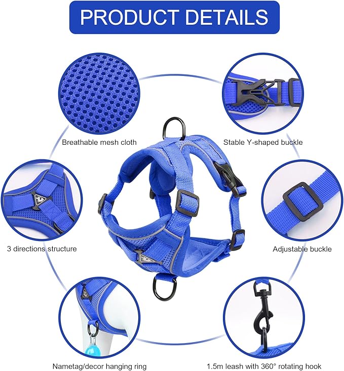 Vest Harness Leash Set for Small Dog Large Cat, Upgraded Escape Proof Adjustable Jacket with Lead for Puppy Fat Cat Outdoor Walking, Soft Breathable Mesh Coat with Reflective Strip XL Blue