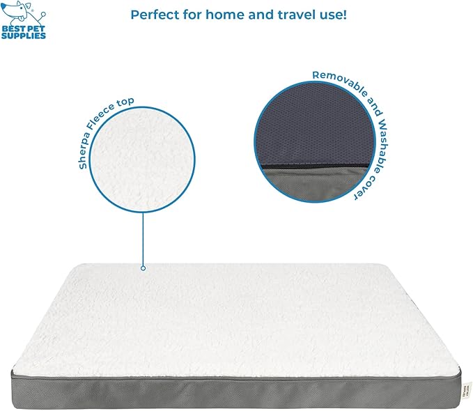 Best Pet Supplies Cute Dog Crate Mat Flat Bed with Waterproof Exterior, Thick Orthopedic Egg Foam Mattress, and Soft Sherpa Fleece Cover for Small, Medium, and Large Breeds - Gray, 41X29X4