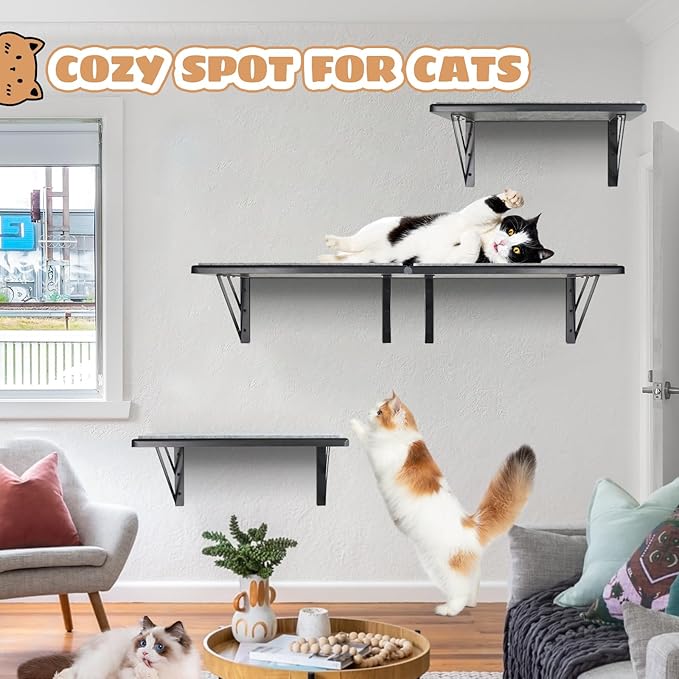 Cat Wall Shelves Set of 4, Wood Cat Shelves for Wall, Cat Wall Bed Hammock with Scratching Pad, Cat Climbing Shelf for Sleeping Playing, Cat Window Perch for Large Cats, Black Cat Furniture for Indoor