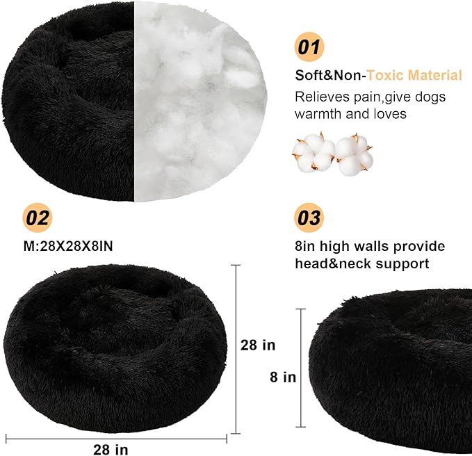 Dog Bed Calming Dog Beds for Small Medium Large Dogs - Round Donut Washable Puppy Dog Bed, Anti-Slip Faux Fur Fluffy Donut Cuddle Anxiety Cat Pet Bed(28'' Black)