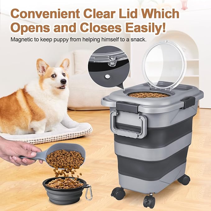 Dog Food Storage Container,10-20 lbs Airtight Collapsible Cat Food Storage Container with Attachable Wheels, Portable Handle, Dog Food Scoop for Dog Cat Bird Pet Dry Food Storage Bin Medium Pack of 2
