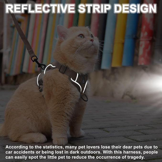 Cat Harness and Leash Set, Upgraded Escape Proof Adjustable Kitten Vest with Lead for Small Cat Outdoor Walking, Soft Breathable Mesh Jacket with Reflective Strips for Dark Night (S, Coffee Brown)