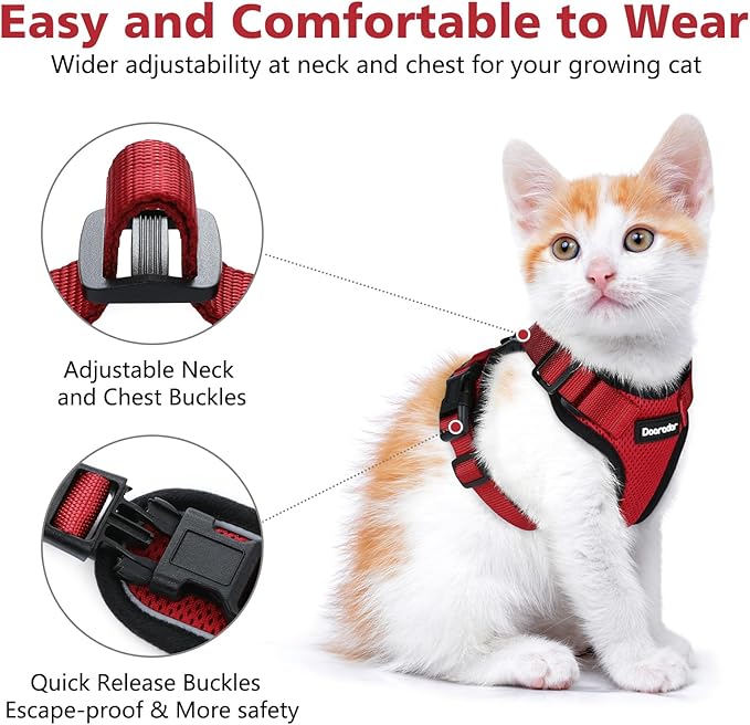 Dooradar Cat Harness and Leash Set, Escape Proof Safe Adjustable Kitten Vest Harnesses for Walking, Easy Control Soft Breathable Mesh Jacket with Reflective Strips for Cats, Red, S