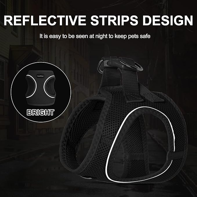 PetiFine Extra Small Step in Dog Harness and Leash Set, Cat Harness and Leash Escape Proof, All Weather Mesh Reflective, Step-in Air Vest Harnesses for Puppy(XXXS, Black)