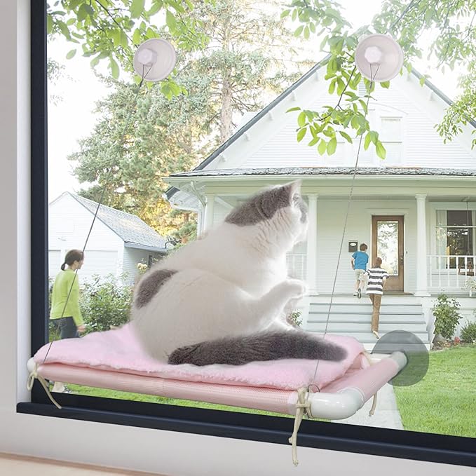 ZALALOVA Cat Window Perch, Pink Cat Hammock Window Seat Free Fleece Blanket for Female Cat 2024 Latest Screw Suction Cups Extra Large Sturdy Cat Bed Cat Resting Indoors (One Extra Suction Cup)