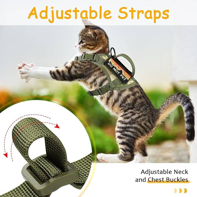 Tactical Cat Harness for Walking, Adjustable Escape Proof Pet Vest for Large Cat,Easy Control Breathable Cat Vest with Handle,Molle Patches (Camo Green, L)