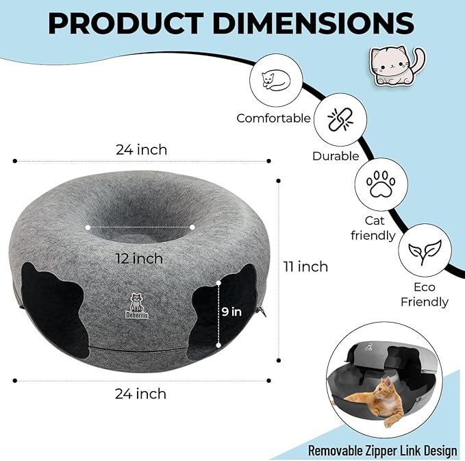 Peekaboo Cat Tunnel Bed-Large, Scratch-Resistant Donut Cave for Indoor Cats Up to 30-45 lbs, Detachable & Washable Design, Perfect Cozy Play & Rest Spot for Cats and Small Dogs (Dark Grey, Large)