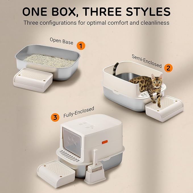 iPettie S01 20L Large Stainless Steel Litter Box, Odor-Reducing Smell Proof Charcoal Filter, Enclosed Litter Box with Cat Litter Scooper, Easy to Clean, Metal Litter Box with Lid