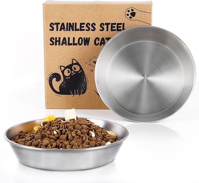 Wide Whisker Friendly Cat Dishes Set 6.7", Stainless Steel Cats Bowls, Shallow Food Bowl, Indoor Kitten Feeding Wet & Dry Food Dish to Prevent Whisker Fatigue(13 OZ) (Cat Bowls, 2 PCS)