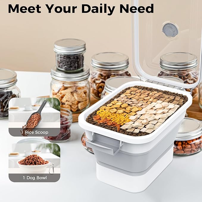 10-13 Lbs Dog Food Storage Container,Collapsible Dog Food Container with Transparent Airtight Lid,Pet Food Scoop and Dog Bowl,Multifunctional Food Storage Container for Pet Food,Rice,Flour