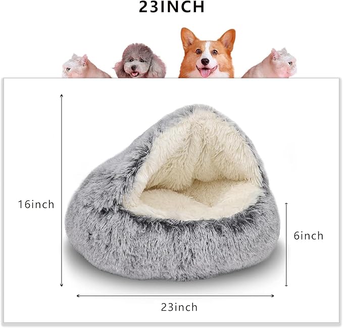 ShinHye Cat Bed Round Plush Fluffy Hooded Cat Bed Cave, Cozy for Indoor Cats or Small Dog beds, Soothing Pet Beds Doughnut Calm Anti-nxiety Dog Bed - Waterproof Bottom Washable, (23×23inch, Grey)