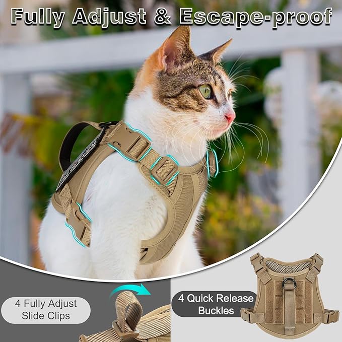 Tactical Cat Harness for Walking, Adjustable Escape Proof Pet Vest for Large Cat,Easy Control Breathable Cat Vest with Handle,Molle Patches (Khaki, L)