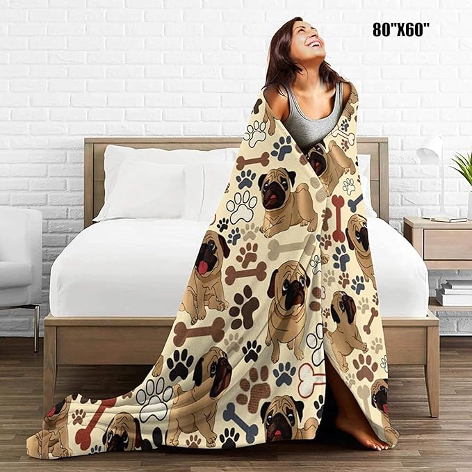 Pug Blanket Dog Paws Throw Blanket Ultra Soft Flannel Blankets for Living Room Sofa Couch Kids Adults Gifts for Pug Lovers 50"X40"