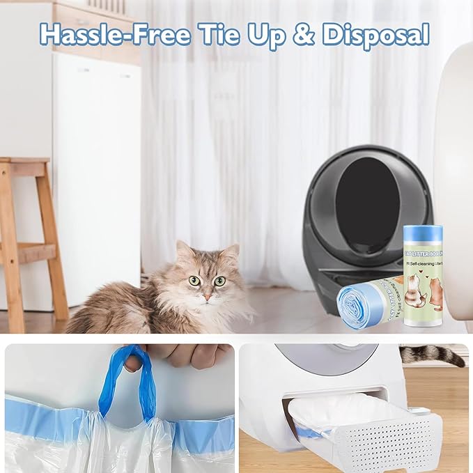 100 Count Self-Cleaning Cat Litter Box Liners 25.6" x 16.5" Compatible with Litter Robot Automatic Cat Litter Box, Drawstring Heavy Duty Cat Litter Bags, 7-9 Gallon Trash Bag (4 Roll)