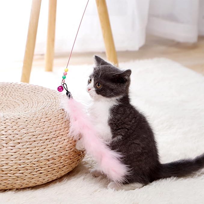 12pcs Pink Cat Feather Toys Replacement Set with Bells for Girl Refills for Wand Kitten Interactive Toys Training Indoor Playing Birthday Gift for Chasing Jumping Exercise Refill Wand Toys