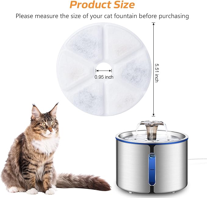 Cat Water Fountain Filters, 6 Pieces Triple Filtration System Replacement Filter Fit for 84oz/2.5L Cat Pet Fountain, 6 Filtration System and 2 Pre-Filter Sponges