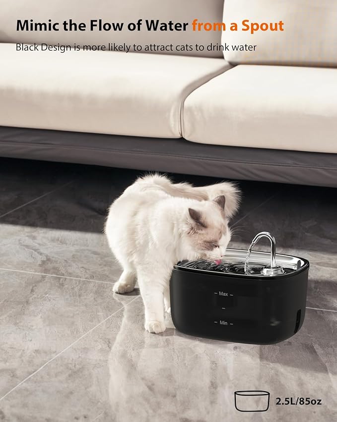 Stouchi Cat Water Fountain 85oz/2.5L, Stainless Steel Faucet Pet Water Fountain for Cats Inside with Led Light, Automatic Cat Water Dispenser Bowl, Cat Waterer Fountain for Multiple Pets, Black