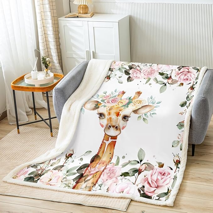 Erosebridal Cute Giraffe Throw Blanket Pink Rose Fleece Blanket 40x50 Size Girls Kids,Cartoon Animal Sherpa Blanket Floral Flower Plush Blanket,Wildlife Giraffe Skin Blanket Botanical Flannel Blanket