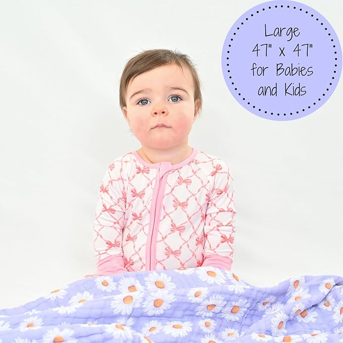 LollyBanks Muslin Baby Blanket 100% Cotton, Muslin Quilt Lightweight, Muslin Blanket for Girls, 6 Layers Baby Blankets 47"x 47", Soft Nursery Receiving Blankets Baby Essentials (Daisy Print)