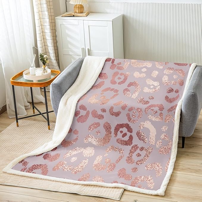 Cheetah Print Sherpa Blanket, Rose Gold Leopard Sequin Throw, Baby Size Safari Animal Fleece for Camping Travel, Ultra Soft Cozy Durable Plush Pink